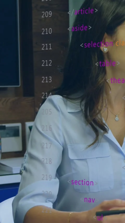 Vertical video: Woman tapping tablet while man approaching, code marking tablet Stock Footage 330195757