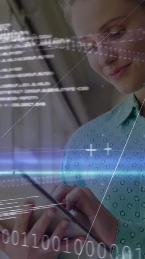 Vertical video: Woman tapping tablet, causing binary overlay animating across Stock Footage 331047298