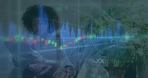 Vertical video: Woman tapping tablet on sofa causing wave chart to peak then dip Stock Footage 331048549