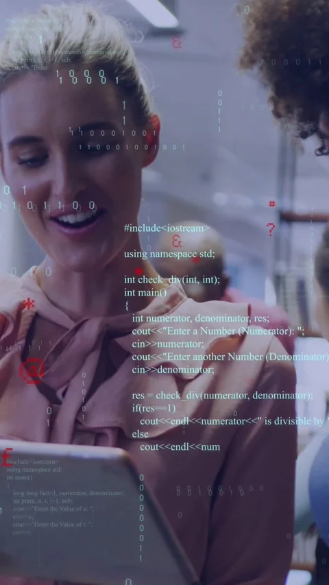 Vertical video: Woman tapping tablet friend leaning code overlay shifting camera Stock Footage 331128269