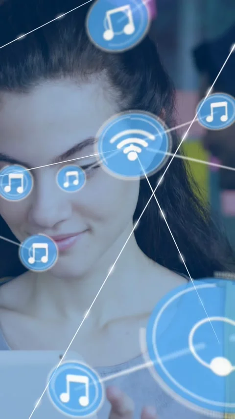 Vertical video: Woman tapping tablet exploring music and Wi?Fi technology icons Stock Footage 331166839