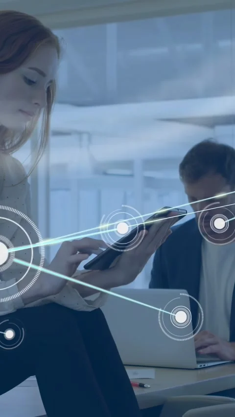 Vertical video: Woman tapping tablet, growing pulsing node network overlay to Stock Footage 331168321