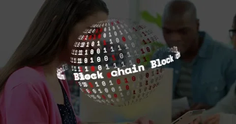Vertical video: Woman tapping tablet blockchain sphere rotating over team Stock Footage 331235838