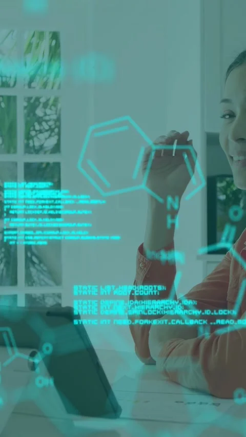 Vertical video: Woman tapping tablet, causing cyan code overlay, lifting stylus Stock Footage 332845947