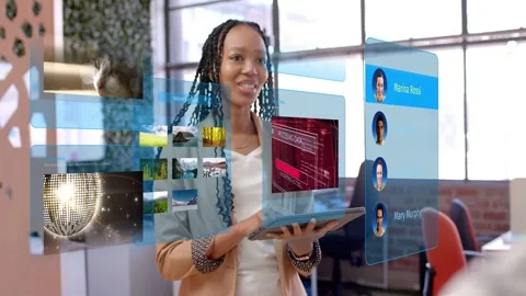 Vertical video: Woman tapping tablet opening tech panels scrolling grid picking Stock Footage 333413770