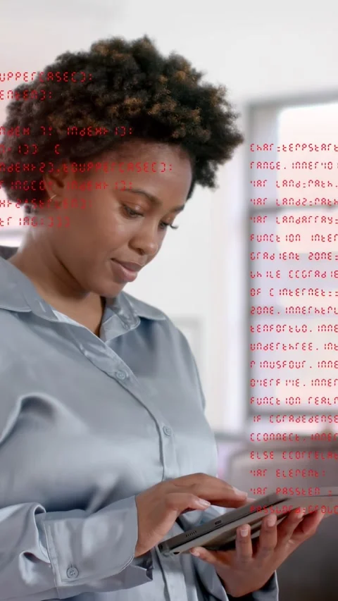 Vertical video: Woman tapping tablet causing red code over frame checking tech Stock Footage 333528091