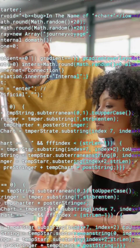 Vertical video: Woman tapping tablet, man leaning, code overlaying then clearing Stock Footage 333577545