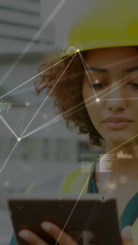 Vertical video: Woman tapping tablet, moving AR nodes to head and chest and Stock Footage 333840175