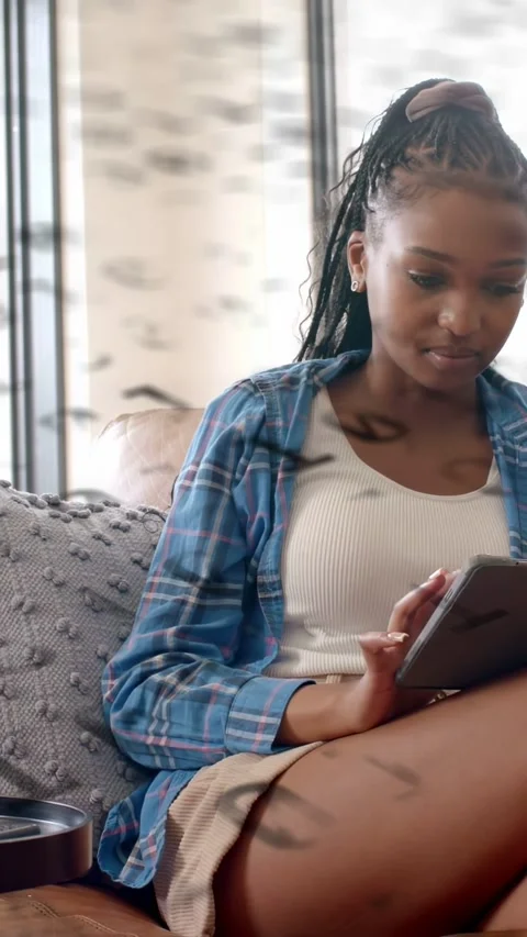 Vertical video: Woman tapping tablet and causing animated icons while browsing Stock Footage 334025132