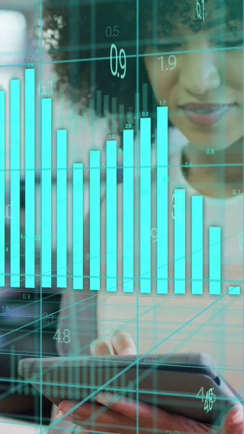 Vertical video: Woman tapping tablet causing 3D grid and rising finance charts Stock Footage 334046530