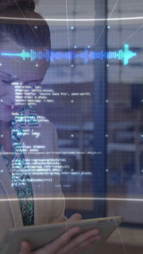 Vertical video: Woman tapping tablet, starting tech HUD with ring scanner and Stock Footage 334317681