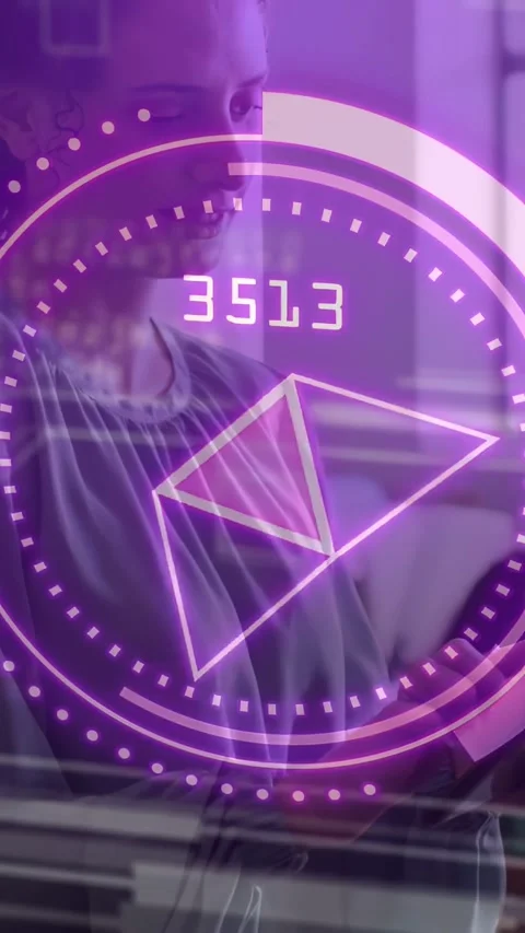 Vertical video: Woman tapping tablet in tech causing purple HUD tracking metrics Video stock 334550524