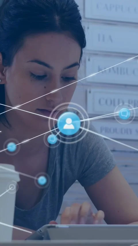 Vertical video: Woman tapping tablet, starting blue node web expanding across Stock Footage 334601278