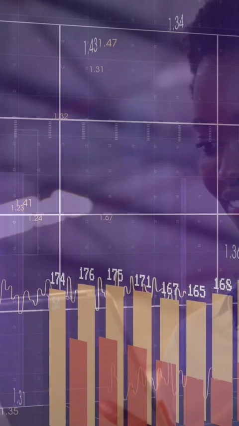 Vertical video: Woman tapping tablet and analyzing business data, animated grid Stock Footage 334602774