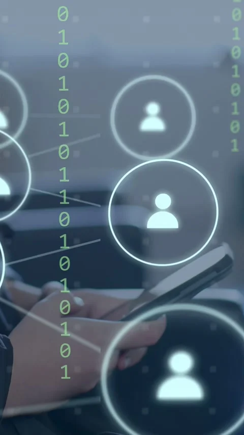 Vertical video: Woman tapping tablet, sparking tech net with user rings and 01 Stock Footage 335263997