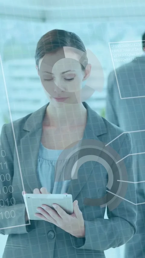 Vertical video: Woman tapping tablet, HUD charts and code overlaying tablet, Stock Footage 335355380
