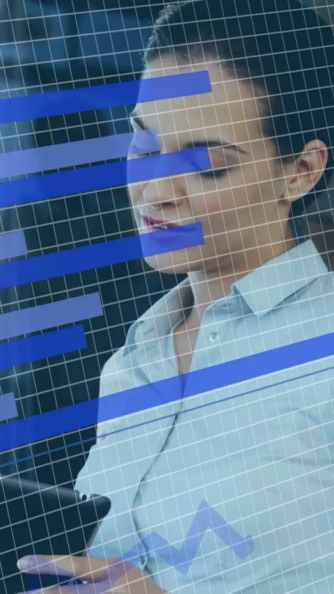 Vertical video: Woman tapping tablet and checking data while blue bars Stock Footage 340133485