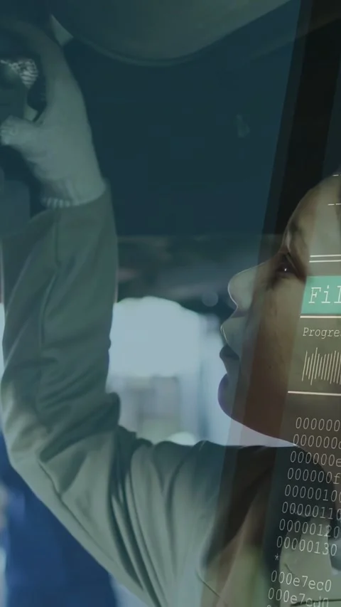 Vertical video: Woman tech inspecting vehicle touching part and bringing up file Stock Footage 334598529