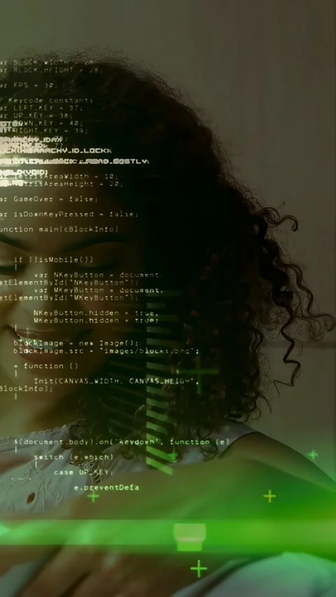 Vertical video: Woman testing on lap activating tech HUD obscuring face then Stock Footage 333069548