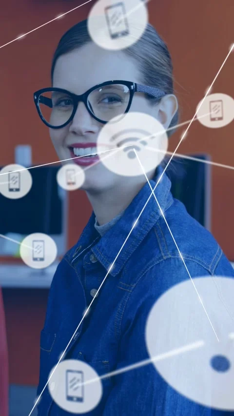 Vertical video: Woman turning to camera Wi-Fi nodes appearing over face, showing Stock Footage 333464896