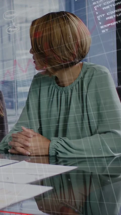 Vertical video: Woman turning, replying as peer speaking grids code bars moving Stock Footage 334792604