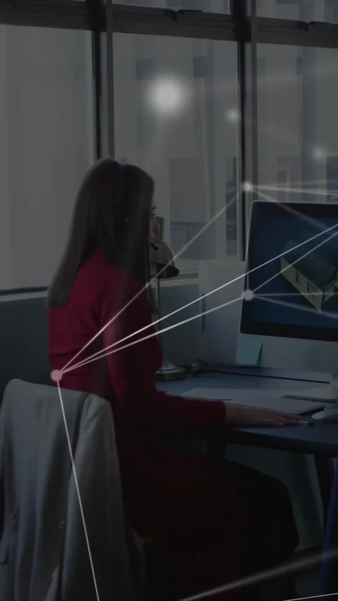 Vertical video: Woman using mouse and speaking into mic making nodes showing 3D Stock Footage 332317539