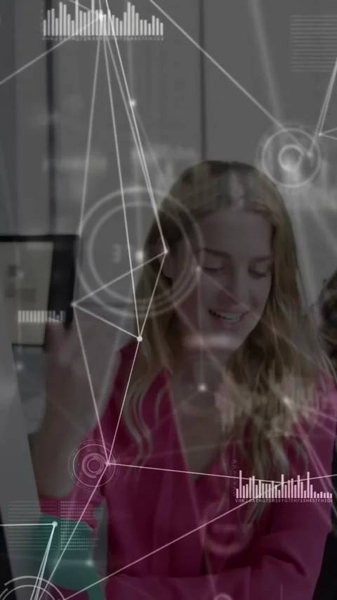 Vertical video: Woman using mouse starting tech HUD, man joining guiding hand, Stock Footage 332506893