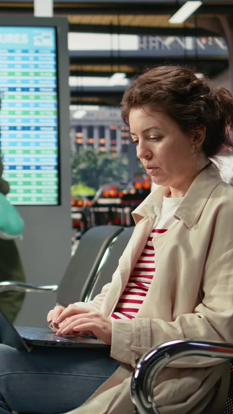 Vertical video Woman using notebook in bus terminal to check travel details Stock Footage 341976762