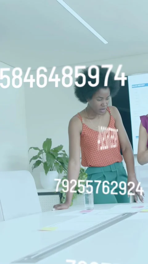 Vertical video: Woman using screen leaning reaching notes while floating data Stock Footage 335355619