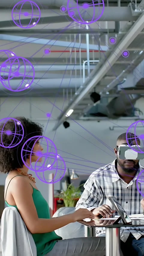 Vertical video: Woman using tablet, man with VR headset using it, causing purple Stock Footage 333744653
