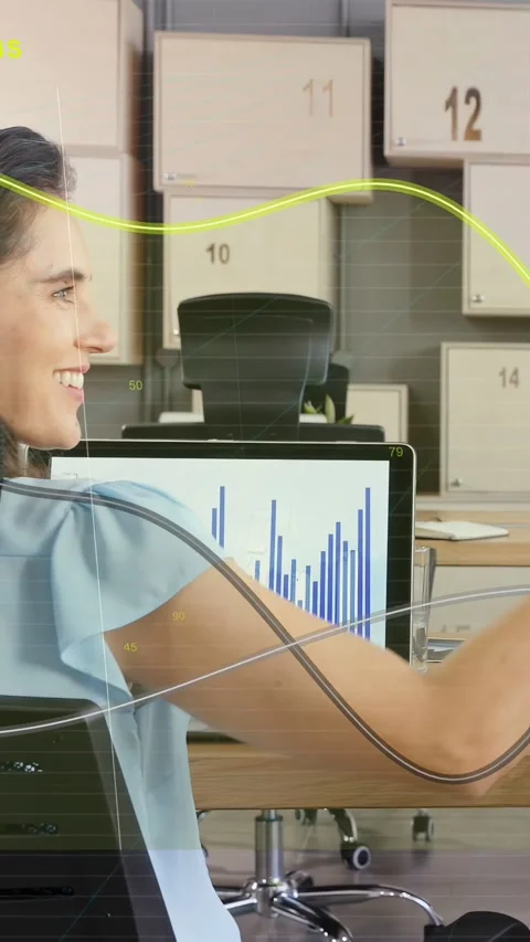 Vertical video: Woman using trackpad initiating animated curves on finance chart Stock Footage 332645074