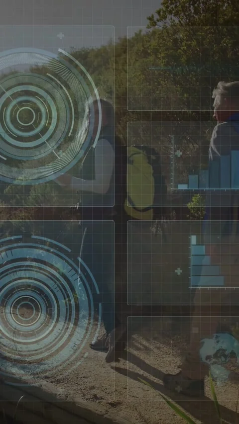 Vertical video: Woman walking using phone and activating tech HUD for map while Stock Footage 340133540