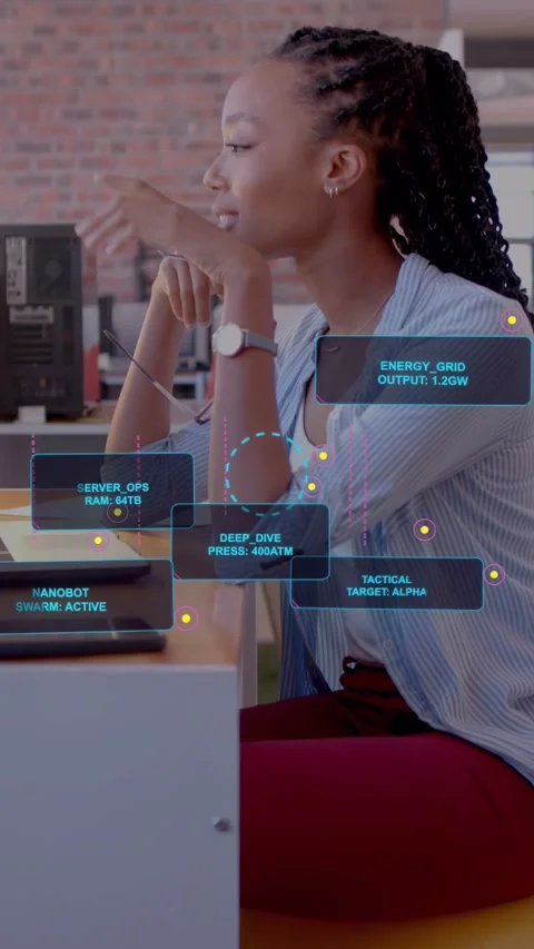 Vertical video: Woman watching tech HUD panels appearing, pointing and analyzing Stock Footage 333528131