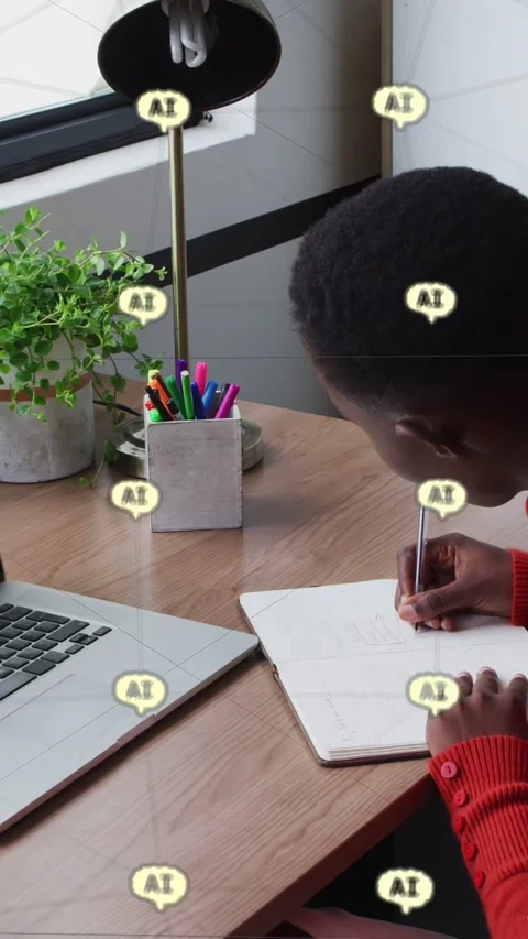 Vertical video: Woman writing notes at desk, AI icons appearing causing laptop Stock Footage 334917145