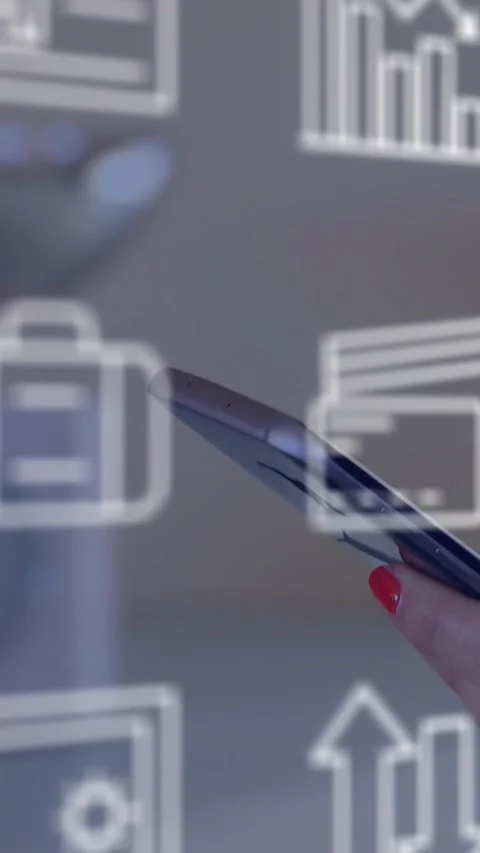 Vertical video: Woman's hand entering from right holding phone overlapping Stock Footage 328633205