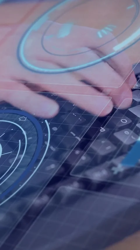 Vertical video: Woman's hands resting then typing keyboard, tech UI dials hex Stock Footage 334602807