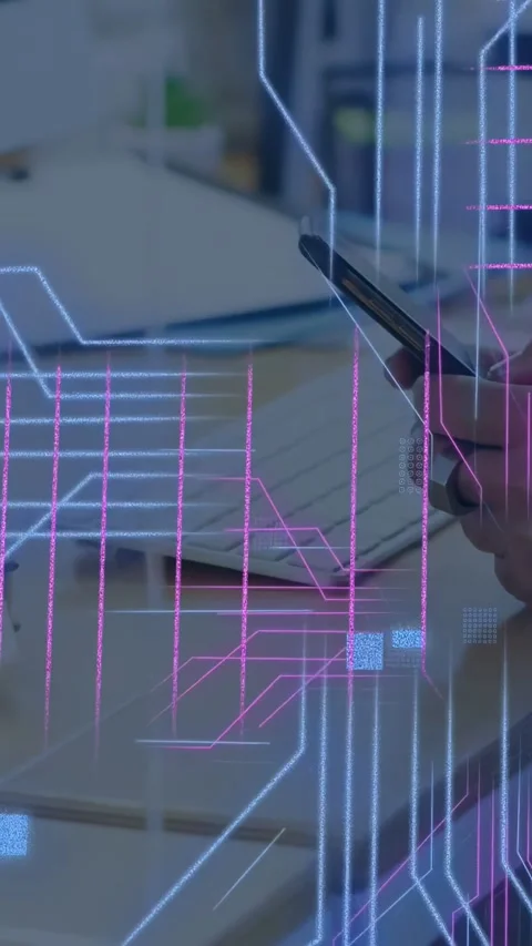 Vertical video: Woman's hands tapping phone on desk activating neon tech code Stock Footage 335355666