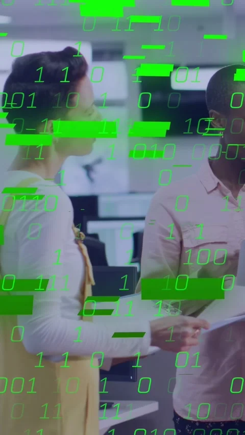 Vertical video: Women exchanging papers in business for report as green data Stock Footage 333157462