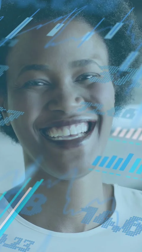 Vertical video: Women tapping tablet, causing moving blue data overlays and Stock Footage 334705123
