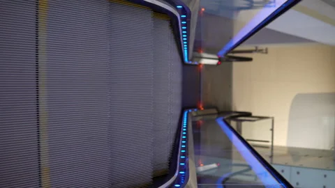 Vertical video. Work escalator with lighting in a shopping center. An automatic Stock Footage 166112146