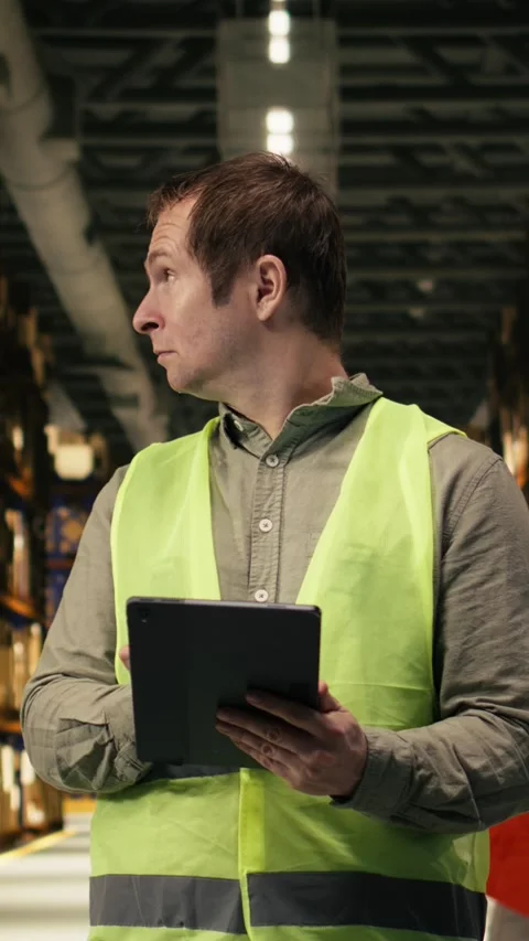 Vertical Video Worker checking shipment labels in modern warehouse facility Stock Footage 333089721