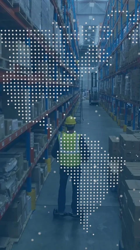 Vertical video: Worker entering, mounting hoverboard and riding aisle, showing Video stock 329841320