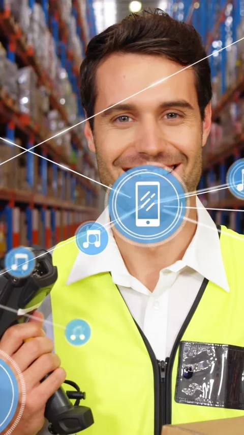 Vertical video: Worker holding scanner box, cell icon popping on chest blue net Stock Footage 330395097