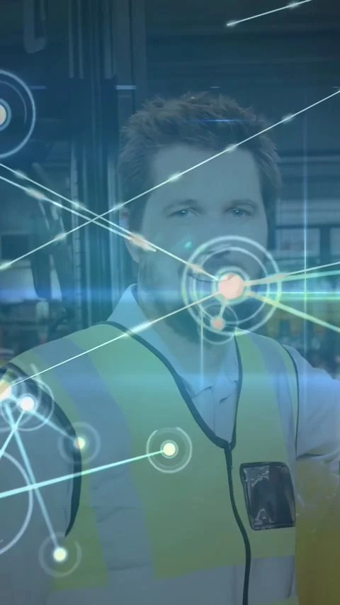 Vertical video: Worker leaning on bottles in depot while HUD expanding over him, Stock Footage 334602568