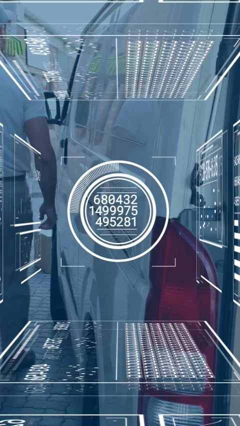 Vertical video: Worker opening van side door, causing HUD overlay updating Stock Footage 334318019