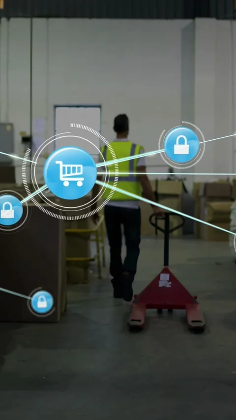 Vertical video: Worker pulling red pallet jack sparking cart icon and lock nodes Stock Footage 329961764