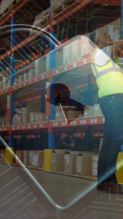 Vertical video: Worker reaching up in depot as overlay showing, picking box Stock Footage 334530092