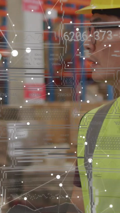 Vertical video: Worker scanning stock in dock as digital overlay layering, Stock Footage 330306073
