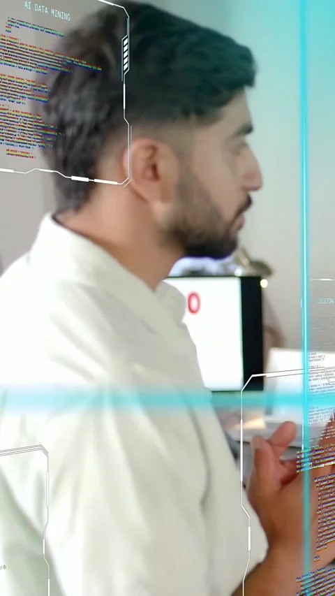 Vertical video: Worker seeing red UI alert clasping hands assessing monitor as Stockbeeldmateriaal 333595941