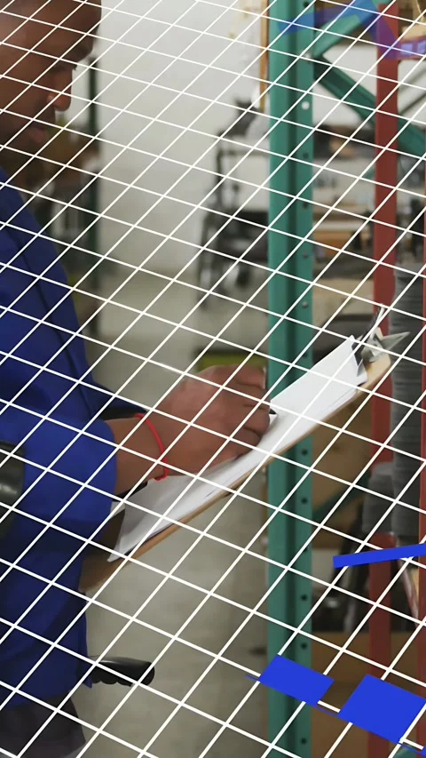 Vertical video: Worker shifting clipboard in storage, starting blue bars, pie Stock Footage 334377497